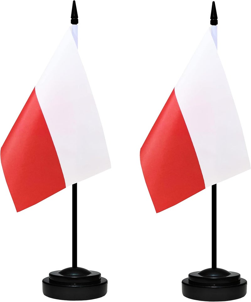 BCLin Poland Desk Flag Set, 2 Pack Polish Table Office Flags, Small Mini Desktop Flag With 12" Solid Black Pole, Black Base, Miniature Desktop Flag - Image 1